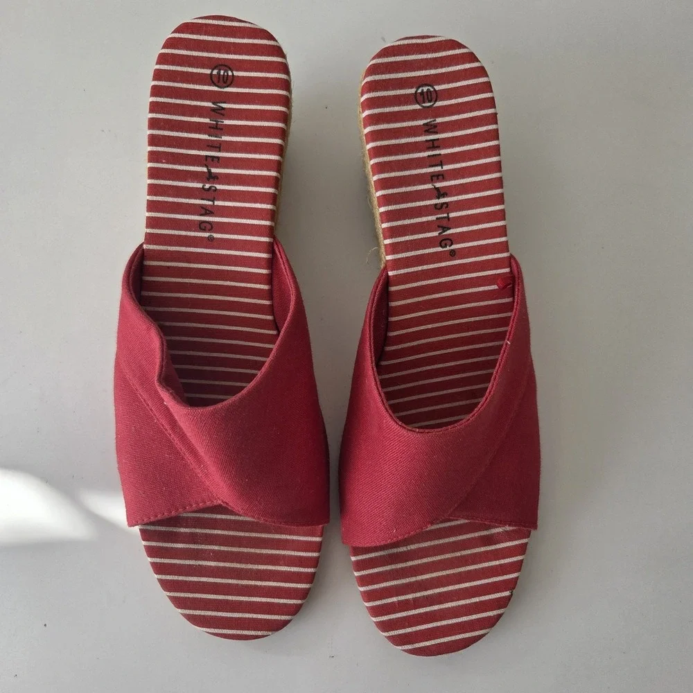 White Stag Espadrille 10 M CASSY Wedge Sandals‎ Shoes Red White Striped Nautical